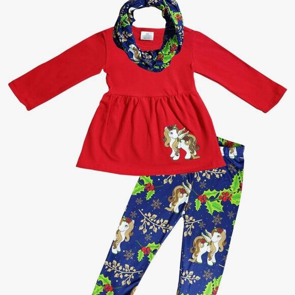 Toddler christmas Girls Red & blue Unicorn Dress & Printed Leggings Set W/ Scarf - Picture 1 of 6